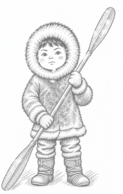 パドルを持って立つ子どもの線画イラスト